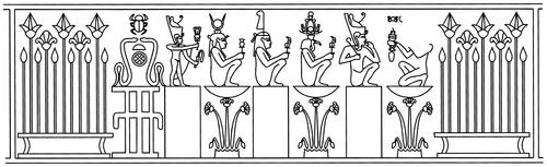 Chiffrierte Darstellung an einer Säulenbasis im Pronaos des Hathortempels von Dendera; Zeichnung ©Uwe Bartels