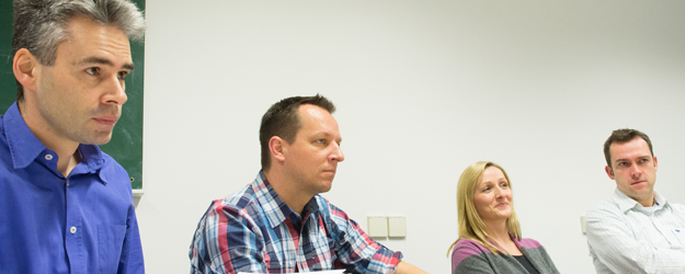 (v.l.) Dr. Sven Horke, Dr. Christian Berger, Dr. Ana Rogulja-Ortmann und Dr. Robin White geht es bei JUGGLE um die Vernetzung der Nachwuchsgruppenleiterinnen und -leiter in den Lebenswissenschaften in Mainz. (Foto: Peter Pulkowski) (v.l.) Dr. Sven Horke, Dr. Christian Berger, Dr. Ana Rogulja-Ortmann und Dr. Robin White geht es bei JUGGLE um die Vernetzung der Nachwuchsgruppenleiterinnen und -leiter in den Lebenswissenschaften in Mainz. (Foto: Peter Pulkowski)