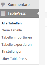 TablePress im Dashboard