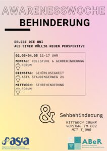 Awarenesswoche Behinderung, ein Bild in dem die Termine noch einmal aufgeführt werden. Der Text auf dieser Seite enthält jedoch mehr infos zu der Woche