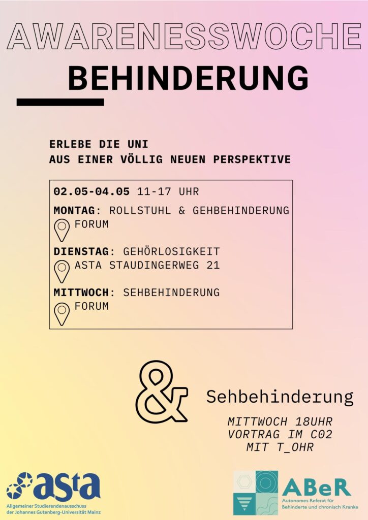 Awarenesswoche Behinderung, ein Bild in dem die Termine noch einmal aufgeführt werden. Der Text auf dieser Seite enthält jedoch mehr infos zu der Woche