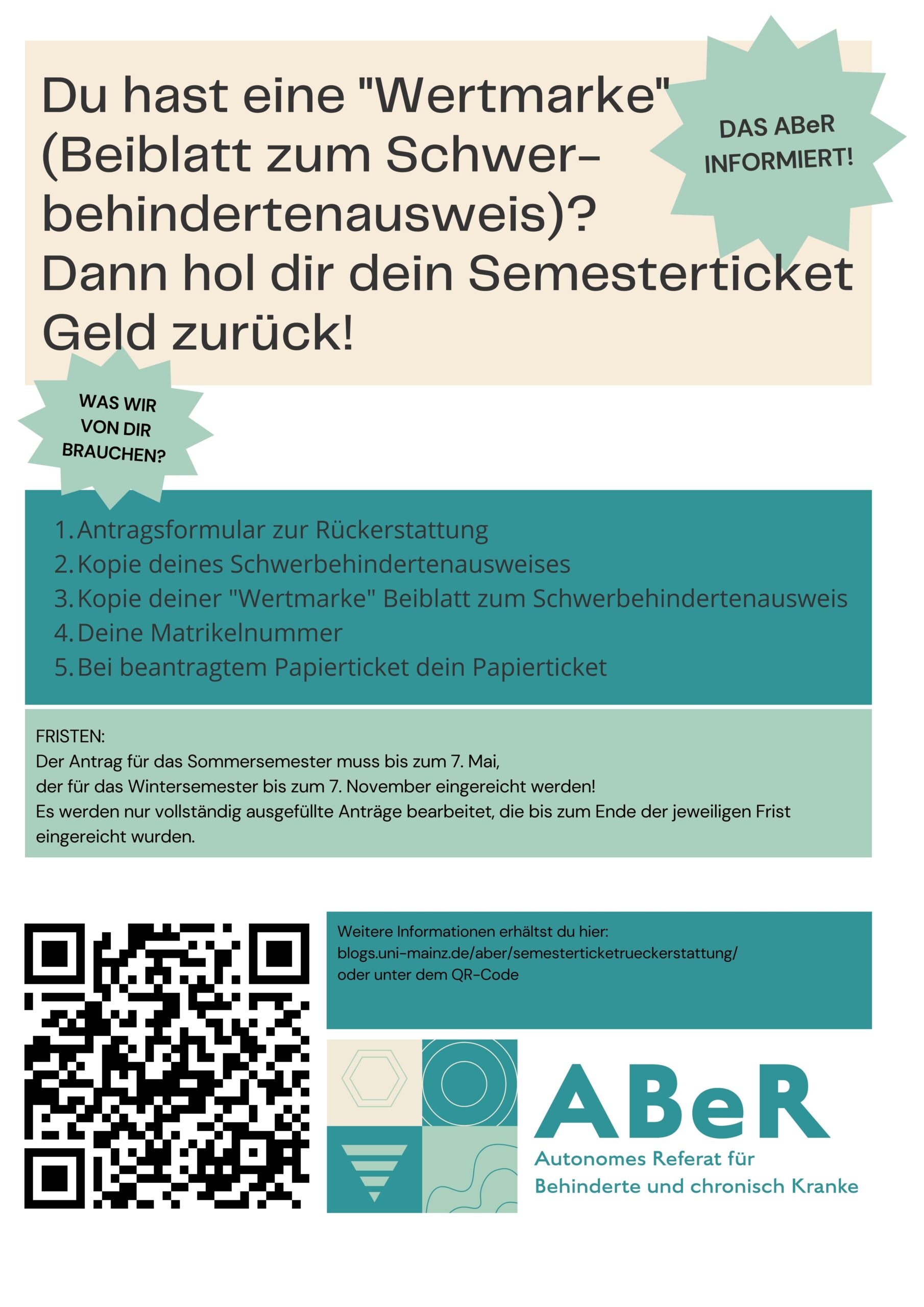 Du hast eine "Wertmarke" (Beiblatt zum Schwer-behindertenausweis)? Dann hol dir dein Semesterticket Geld zurück!