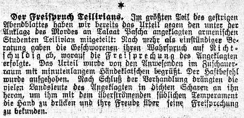 Meldung der Vossischen Zeitung zum Ende des Prozesses gegen Soghomon Tehlirian, 04.06.1921.