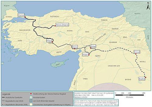 Verlauf der Anatolischen Eisenbahn und der Bagdadbahn bis in den Ersten Weltkrieg.