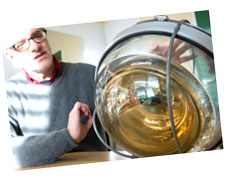 The glass ball encapsulates the 'eye' - the actual sensor that captures the weak blue light generated by neutrino reactions. photo: Peter Pulkowski