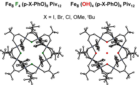 Structures of [Fe8F4(I-PhO)4(piv)12] and [Fe8(OH)4(I-PhO)4(piv)12].