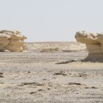 Mushroom-Valley (Weiße Wüste): vielfältiger Formenschatz mit harter Deckschicht (Kalkstein), darunter Wechsel weicher (Sandstein) & harter Schichten (Zeugenberge), die durch Temperatur-, äolische- & chemische Verwitterung ihre Form erhalten. © Domm 2013