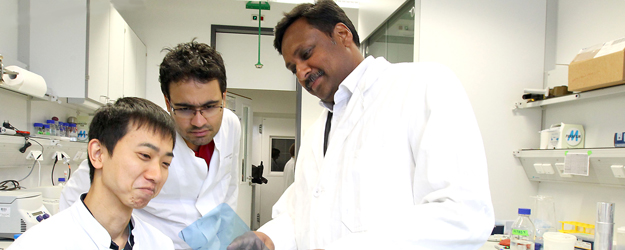 Prof. Dr. Krishnaraj Rajalingam (r.) und seine internationale Arbeitsgruppe, der Molecular Signaling Unit, betreiben medizinische Grundlagenforschung. (Foto: Stefan F. Sämmer)