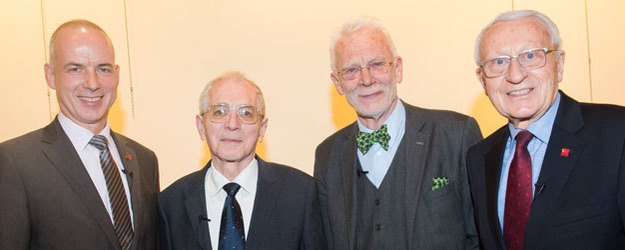 (v.l.) Der amtierende JGU-Präsident, Prof. Dr. Georg Krausch, mit seinen Vorgängern Prof. Dr. Josef Reiter, Prof. Dr. E. Jürgen Zöllner und Prof. Dr. Jörg Michaelis (Foto: Peter Pulkowski)