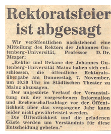 Meldung in der Allgemeinen Zeitung vom 7. November 1968, Universitätsarchiv Mainz, Best. 40 Nr. 1